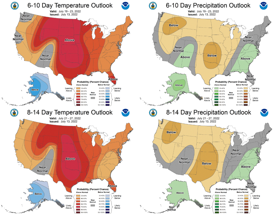 The 6-10 day (July 19-23, top) and 8-14 day (July 21-27, bottom) outlooks for temperature (left) and precipitation (right).